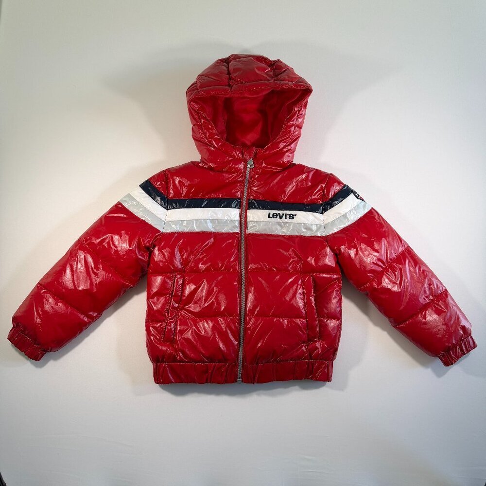 Kids LEVIS Red Hooded Puffer Jacket 6-7 - Picture 3 of 16